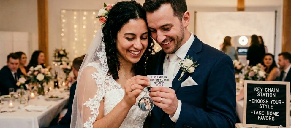 Custom photo keychain favor produced on-site at a Zattu Photo Booth event in Kitchener